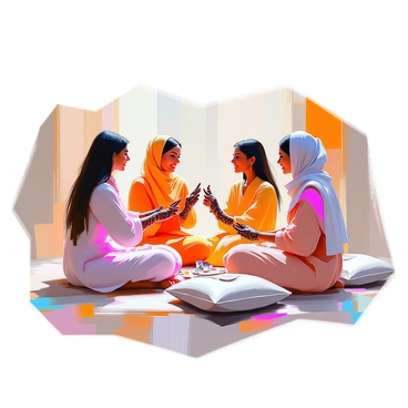 A group of women with diverse skin tones and hairstyles is gathered in a circle, focused on applying intricate henna designs on each other's hands. Each woman has a unique style, with long flowing dresses and vibrant scarves. The henna paste is in small cones, and they carefully create delicate patterns of flowers and vines on each other's palms and wrists. Laughter and conversation fill the air as they exchange tips and admire each other's designs. The setting is warm and inviting, with cushions spread out on the ground for comfort.