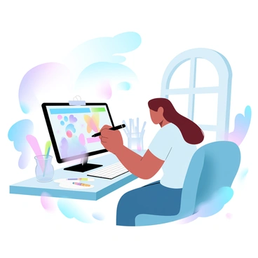 A digital artist sitting at a computer creating a vibrant illustration using an online tool