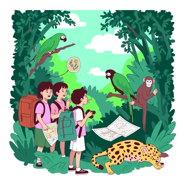 A group of children is exploring a dense jungle, each holding a pair of binoculars in one hand and a detailed map in the other. The children are wearing colorful clothing suitable for an adventure, with backpacks filled with supplies resting on their shoulders. Surrounding them are various exotic animals including a vibrant green parrot perched on a branch, a curious monkey swinging from a nearby tree, and a sleek, spotted leopard lounging in the underbrush. The dense foliage is rich and lush, with different shades of green leaves and thick vines intertwining. Sunlight filters through the canopy above, casting playful shadows on the jungle floor where the children enthusiastically point at the wildlife.