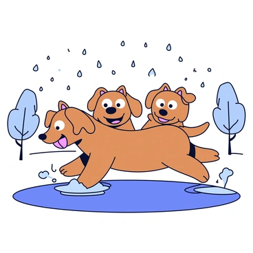 A three-headed dog, known as Cerberus, is playfully splashing through puddles on a rainy day. Each head has a distinct expression, with bright eyes and open mouths, expressing joy. Raindrops are glistening on its thick fur, creating a shimmering effect. The ground is covered with puddles reflecting the muted colors of the cloudy sky. A few scattered trees are in the background, their leaves gently swaying in the rain.