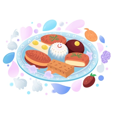 A decorative platter is filled with various traditional Persian sweets, showcasing intricate designs and vibrant colors. The sweets include "baklava," "zoolbia," and "saffron nougat," arranged artfully on the platter. Surrounding the platter are various Haft-Sin items, including "sabzeh" (sprouted wheat), "samanu" (sweet pudding), "senjed" (dried fruit), and "seer" (garlic), all arranged to create a festive atmosphere. The background features soft gradient pastel colors that enhance the celebratory feeling of the scene.