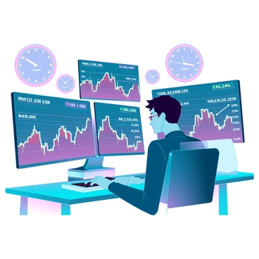 A focused individual with short hair and wearing glasses is seated at a modern desk. The desk is equipped with multiple high-resolution screens displaying fluctuating cryptocurrency values in vibrant colors. The screens show various graphs and charts illustrating the rise and fall of different cryptocurrencies. There are also digital clocks in the background showing different time zones. The environment is illuminated with soft, blue LED lights, creating a tech-savvy atmosphere. The individual is typing on a sleek keyboard, intently analyzing the data on the screens.