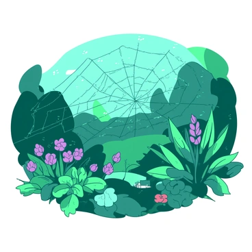 A teal spiderweb stretches elegantly across a vibrant garden. The web glistens with numerous small white dew drops that catch the light, creating a shimmering effect. Various green plants and colorful flowers are visible in the foreground and background, enhancing the lushness of the garden. The intricate patterns of the spiderweb showcase its delicate structure, while the dew drops add a touch of beauty and detail to the scene.