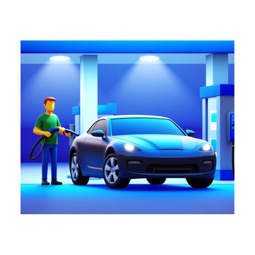 A car parked at a gas station while the driver refuels under bright lights