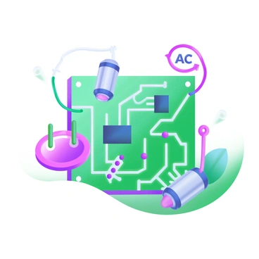 A modern pastel illustration of an electronic circuit board featuring various components such as capacitors, resistors, and integrated circuits. The circuit board is primarily green with intricate pathways in white connecting the components. There are alternating current (AC) symbols integrated into the design, represented by sine wave patterns in blue and purple. The entire composition is set against a soft, minimalistic background that enhances the vibrant colors of the circuit elements.