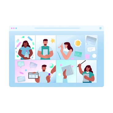 A video call interface featuring multiple squares with different artists appearing in each square. Each artist is in their own unique creative space, showcasing elements relevant to their art. One artist is surrounded by colorful canvases and paintbrushes, another has a sculpting station filled with clay and tools. A third artist displays a wall of vibrant fabric swatches and sewing supplies. A fourth artist has an array of digital devices, including a tablet with art software open. The background of each square is filled with personal touches that reflect their artistic style. The interface also includes a text box displaying the title "International Artists Collaboration" at the top.