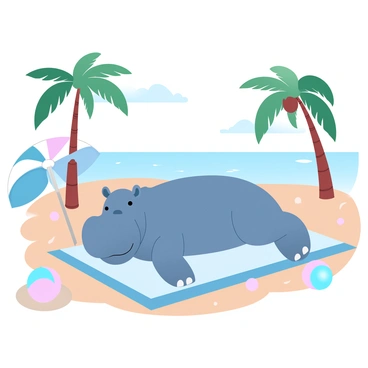 A hippopotamus is lounging on a sandy beach under a bright sun. The hippo is sprawled comfortably on a large beach towel. There are palm trees swaying gently in the background, with their green fronds casting dappled shadows on the sand. The sea is calm and a gradient of blue hues, stretching out to the horizon. A few colorful beach umbrellas are positioned nearby, providing shade. A playful beach ball rests close to the hippo, and a classic straw hat lies beside it. The scene conveys a peaceful atmosphere, ideal for relaxation.
