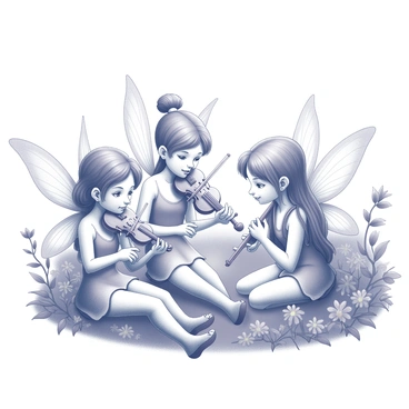 A group of fairies is gathered in a lush garden setting. Each fairy is delicately holding a tiny instrument, such as a violin, flute, or harp, with meticulous attention to detail. Their wings are transparent and intricately designed, shimmering as they play. The fairies are positioned in a circle, their expressions focused and joyful, as they create melodies that fill the air. Surrounding them are vibrant flowers and green foliage that add to the enchanting atmosphere of the scene. The background features softly blurred elements, emphasizing the fairies and their musical performance.