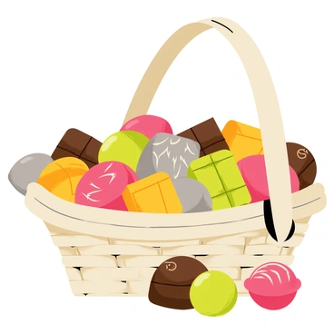 A woven basket filled to the brim with an assortment of chocolates and truffles. The chocolates are various shapes, some square, some round, and others in intricate designs. Each piece is wrapped in shiny foil, showcasing a variety of colors including gold, silver, red, and green. The basket's handle is elegantly curved, and some chocolate pieces are slightly spilling out, inviting a closer look. A few truffles have delicate patterns on their surfaces, adding to the visual appeal of the arrangement.
