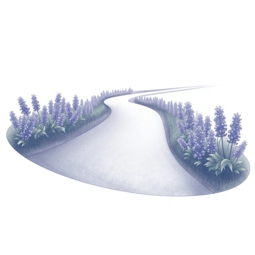 A winding country road stretches into the distance, flanked by clusters of "bluebonnet flowers" on both sides. The road is gravel, with a slightly uneven texture, leading the viewer's eye toward the horizon. The "bluebonnet flowers" are abundant, with their distinctive shapes and details, creating a lush border along the pathway. The scene captures the essence of a tranquil countryside, with the flowers gently swaying in the breeze.