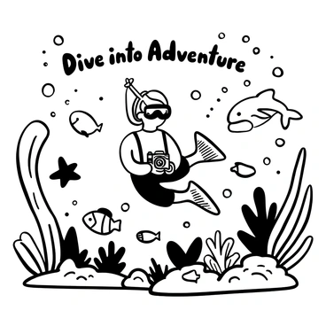 A child wearing a snorkel and flippers is submerged in water, surrounded by various sea creatures such as fish and starfish. The child is holding a small underwater camera, capturing the scene. Colorful coral formations fill the background, creating a diverse underwater landscape. Bubbles rise around the child, and a playful dolphin swims nearby, adding to the lively atmosphere of the underwater exploration. The words "Dive into Adventure" are displayed above the scene.