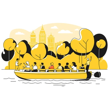 A group of tourists enjoying a leisurely riverboat tour along the Isère River. The boat is filled with people sitting on benches and taking in the sights. In the background, the skyline of Grenoble is visible, showcasing buildings with distinct architectural features. The river is gently flowing, and trees line the banks, providing a natural frame for the scene. Some tourists are taking photographs while others are conversing and pointing at landmarks in the distance.