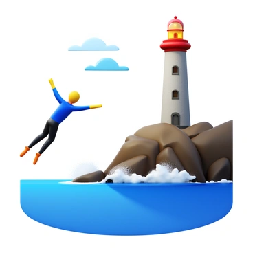 A diver in a sleek wetsuit is mid-air, preparing to jump into the ocean. The historic lighthouse, tall and cylindrical, is perched on a rugged cliffside, its paint weathered and faded. The ocean waves crash against the rocks below the cliff, creating a frothy white spray. The sky is clear with a few scattered clouds, and the sun casts a warm glow over the scene. The diver's arms are outstretched, showcasing the anticipation of the leap, while the lighthouse stands steadfast in the background, a symbol of maritime history.