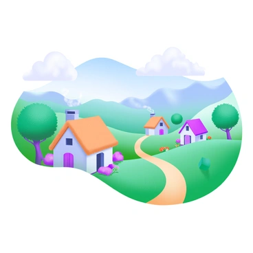 A picturesque scene depicting a "small village" nestled in "green hills." The village features quaint houses with "thatched roofs" and "smoky chimneys," surrounded by "lush trees" and vibrant "flower gardens." The "horizon" showcases a clear blue sky with soft white clouds, framing the landscape beautifully. A meandering path leads through the village, enhancing the sense of serenity in the countryside.