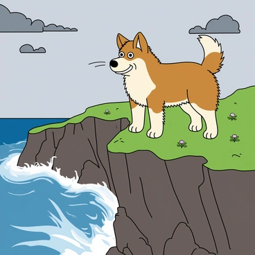 A medium-sized dog with a shaggy brown and white coat is standing at the edge of a rocky cliff. The dog has big, expressive eyes, which reflect its nervousness, and its ears are perked up. The wind is blowing, causing the dog's fur to ruffle slightly. Below the cliff, there are jagged rocks and crashing waves. The sky is cloudy with dark gray clouds, and you can see a few gusts of wind moving through the scene, creating a sense of movement. The cliff is dotted with patches of grass and small flowers, adding a touch of color to the rocky surface.