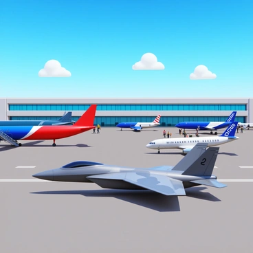 An F35 jet parked on the tarmac of an international airport. The jet is sleek and modern, featuring a gray camouflage pattern. It is positioned among several commercial planes, which are painted in various colors and designs, including bold reds, blues, and whites. The airport terminal is visible in the background, with travelers moving about. A clear blue sky stretches overhead, and a few fluffy white clouds float by. The scene conveys a sense of bustling airport activity.