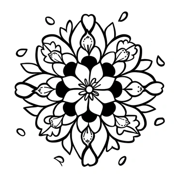 An intricate mandala design created from various flower petals, arranged in a circular pattern. The petals display different shapes and sizes, meticulously layered to form repeating patterns. Each section of the mandala features distinct floral textures, showcasing the details of the petals. The composition is symmetric, radiating outward from the center with delicate curves and shapes. Surrounding the mandala, there are scattered loose petals, adding to the overall intricate appearance of the design.