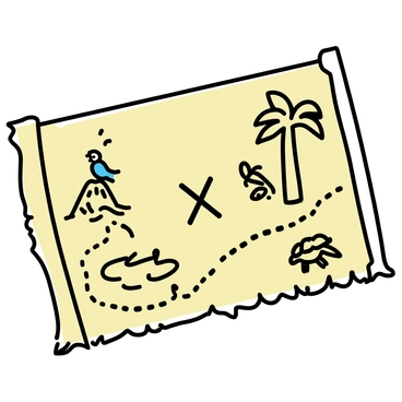An old treasure map showcasing an island with a weathered parchment texture. The map features a prominent "X" marking the treasure location. Surrounding the "X" are whimsical landmarks such as a tall palm tree with an exaggerated trunk, a small volcano with a plume of smoke, and a winding river illustrated with a dotted line. There are also playful drawings of animals, like a parrot perched on a branch and a turtle near the shoreline. The edges of the map are frayed, adding to its ancient appearance.
