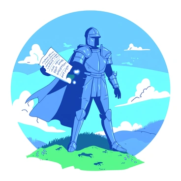 A blue hero in shining armor stands confidently atop a green hill, gazing into the distance. The armor is intricately detailed, reflecting the sunlight. In the hero's hands, there is an aged scroll with ancient script, which is partially unrolled. The scroll is covered in mysterious symbols and glowing faintly in the light. In the background, a vibrant sky with scattered white clouds enhances the scene, creating a dramatic atmosphere around the hero. The hill is dotted with patches of grass and small wildflowers, adding depth to the landscape.