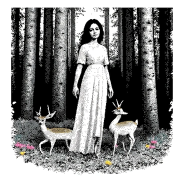 A card with an illustration of a serene forest spirit surrounded by wildlife