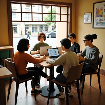 A group of cartoonists is gathered around a small wooden table in a quaint café. The café has warm lighting and charming décor with colorful artwork on the walls. Each cartoonist has a laptop open in front of them, with sketches and comic strip ideas displayed on the screens. There are four cartoonists, two women and two men, engaged in lively discussion. One cartoonist with glasses is pointing at a sketch, while another is holding a coffee cup and listening intently. The table is cluttered with notebooks, pens, and a few plates of pastries. Outside the window, you can see a cobblestone street with people walking by.
