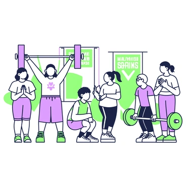 A community fitness event takes place in a spacious outdoor area. A diverse group of participants of all ages is engaged in barbell squats. In the foreground, a young adult with short hair is lifting a barbell overhead while squatting. To the right, an elderly man with glasses is carefully performing a squat with a lighter barbell. Behind them, a middle-aged woman with a ponytail is encouraging a teenager who is squatting with determination. Colorful banners with motivational phrases are displayed in the background, and a few spectators are clapping, creating a lively atmosphere.