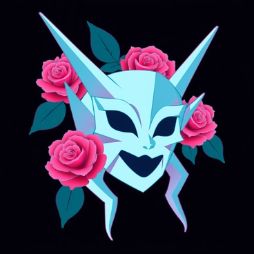 A detailed hannya mask with sharp, angular features and dramatic horns. The mask's eyes are wide and expressive, showcasing an intense emotion. The mask is surrounded by vibrant, blooming red roses with lush green leaves, intertwining seamlessly with the mask. The roses have soft petals that contrast with the hard edges of the mask, creating a striking visual interplay. The background is dark to enhance the vivid colors of the mask and roses.