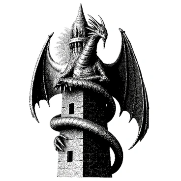 A mythical dragon with intricate scales is coiled tightly around a tall stone tower. The dragon has large wings folded against its body, showcasing detailed feather-like textures. Its fierce eyes are gazing down, and sharp claws grip the stone surface. The tower is adorned with small windows and battlements, providing a sense of height. Fine engraving lines define the contours of both the dragon and the tower, highlighting the details of their surfaces and creating a dramatic visual contrast.
