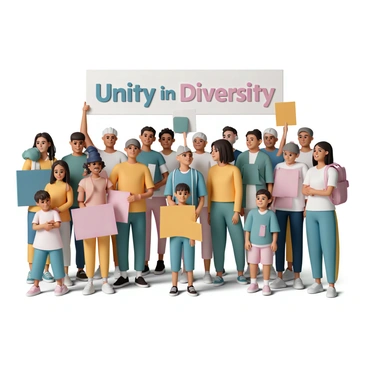 A diverse group of people, including men and women of various ages and ethnic backgrounds, gathered together at an inclusive rally. Some individuals are holding signs with messages of unity and support, while others are sharing smiles and engaging in conversation. The crowd includes seniors, adults, teenagers, and children, all dressed in colorful clothing that reflects their unique styles. In the background, a large banner displays the words "Unity in Diversity" in bold letters. The atmosphere is lively, with a sense of camaraderie and empowerment among the participants.