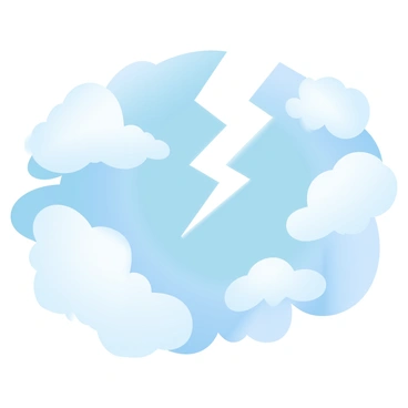Fluffy clouds are scattered across a bright blue sky, creating a soft, textured atmosphere. Among the clouds, a jagged lightning bolt streaks through, illuminating the surrounding area with a striking contrast. The clouds vary in size and shape, some appearing fluffy and rounded, while others are more elongated and wispy. The blue of the sky deepens towards the horizon, enhancing the dramatic presence of the lightning bolt.