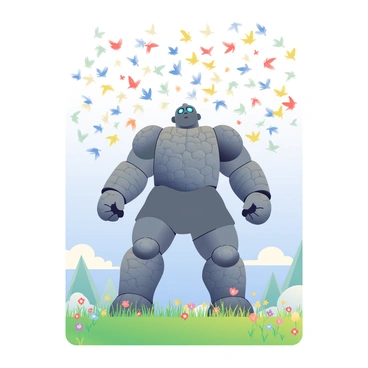 A towering titan with rocky skin and glowing blue eyes is standing in the center of a vibrant meadow filled with wildflowers. The titan is looking upwards as a large flock of birds takes flight around him. The birds, varying in colors such as red, yellow, and blue, are flapping their wings energetically and creating a dynamic scene in the sky. The green grass of the meadow sways gently in the breeze, and patches of sunlight illuminate the titan's massive figure, highlighting the details of his armor-like texture. In the background, a few distant trees can be seen against the clear blue sky.