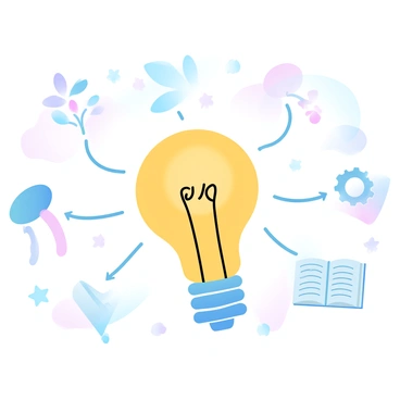 A central idea is represented by a large "light bulb" in the middle of the image. Branching out from the light bulb are various sketches and doodles, including a "tree" with colorful leaves, a "gear" symbol representing ideas in motion, and a "book" with open pages. Additional doodles include "stars" and "arrows" pointing towards the different concepts. The background features soft "gradient pastel colors" that enhance the visual appeal of the mind map. Each element is surrounded by lines connecting them to the central idea, creating a dynamic and engaging composition.