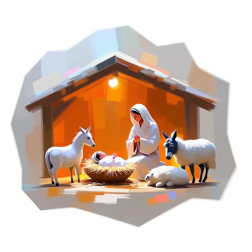 A traditional Christmas nativity scene featuring the Holy Family gathered in a stable. In the center, Mary is seated, wearing a simple robe and looking lovingly at the baby Jesus, who is lying in a manger. Joseph stands protectively beside them, dressed in humble clothing. Surrounding them are various animals, including a donkey and a sheep, peacefully positioned nearby. The stable is constructed of wooden beams and filled with hay, creating a warm and intimate atmosphere. Soft light illuminates the scene, highlighting the serene expressions of the figures.