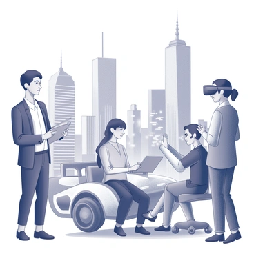 A group of individuals engaging with various advanced technologies in a bustling cityscape. One person is holding a transparent tablet, while another is using augmented reality glasses, interacting with virtual elements in the air. A third individual is seen typing on a holographic keyboard projected in front of them. The background features sleek skyscrapers with intricate designs and illuminated structures, showcasing the modernity of the environment. The streets are filled with autonomous vehicles, contributing to the dynamic atmosphere of the futuristic setting.