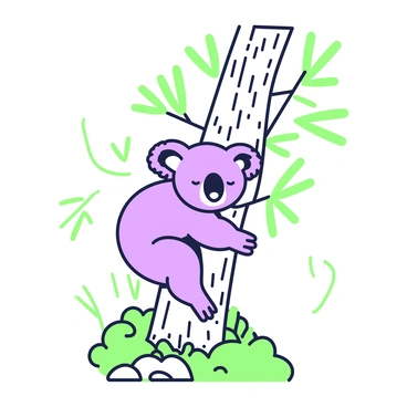 A sleepy koala is clinging to the trunk of a eucalyptus tree in the Australian outback. The koala has its eyes half-closed, with its fur appearing fluffy and textured. The trunk of the eucalyptus tree is thick and rugged, showing detailed bark patterns. Surrounding the tree, there are scattered patches of grass and small rocks typical of the outback terrain. In the background, there are hints of other eucalyptus trees with slender leaves. The atmosphere is calm and peaceful, reflecting the natural habitat of the koala.