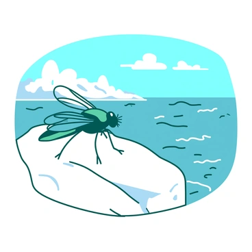 A teal fly with delicate wings is resting on a smooth, white rock at the edge of a picturesque seaside. The sun is shining brightly, casting shadows onto the rock, while gently lapping waves create a calming rhythm in the background. The fly's tiny legs are gripping the rock as it enjoys the salty breeze, which ruffles its wings slightly. In the distance, there are hints of white clouds scattered across a blue sky, enhancing the idyllic atmosphere of the scene.