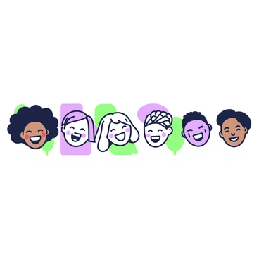 A series of diverse faces aligned horizontally, each displaying joyful expressions. The first face has curly hair and brown skin, with a wide smile showing teeth. Beside it, there is a face with straight black hair and light brown skin, laughing heartily. Next, a face with wavy blonde hair and pale skin beams with joy, while another face features short, curly red hair with fair skin, grinning brightly. Continuing in the series, a face with dark brown skin and braided hair sports a cheerful smile. Finally, a face with olive skin and shoulder-length dark hair finishes the lineup, radiating happiness. Each face is distinct, showcasing a variety of ethnic attributes.