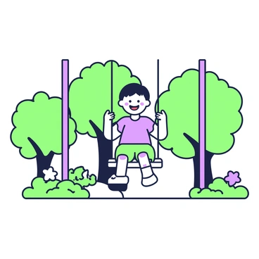 A flat-faced character with a wide smile is joyfully swinging on a playground swing. The character has short hair and is wearing a colorful t-shirt and shorts. In the background, there are several green trees with thick foliage. Vibrantly colored flowers are blooming around the playground, adding to the cheerful atmosphere. The swing is suspended from a sturdy frame, and the character's feet are lifted off the ground as they swing high.