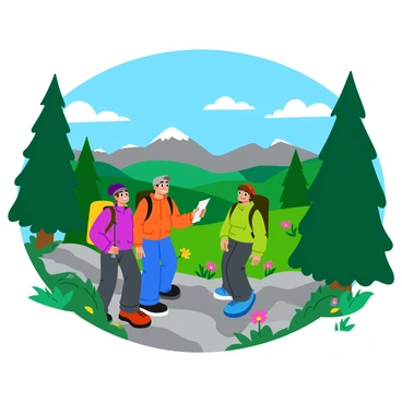 A group of three hikers standing together on a rocky mountain trail. They are all wearing brightly colored hiking gear, and one is holding a map. In the background, a stunning vista of rolling green hills and distant mountains can be seen, under a clear blue sky. Tall evergreen trees surround the trail, their needles vibrant and lush. Wildflowers in various colors dot the landscape, adding splashes of color throughout the scene. The sun casts gentle shadows, highlighting the hikers' joyful expressions as they take in the beautiful view.