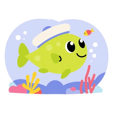 A cartoon-style catfish swimming in blue water. The catfish has a round, cheerful face with wide eyes and a big smile. It is wearing a small white sailor hat with a blue stripe around the brim. The catfish's body is a vibrant green with lighter green spots. Bubbles are rising from its mouth as it swims playfully among colorful coral and a few small fish in the background.