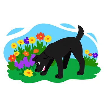 A black dog with shiny fur is curiously exploring a vibrant garden. The garden is filled with an array of blooming flowers in various colors, including red, yellow, and purple. The flowers are in full bloom, with some tall sunflowers standing proudly alongside shorter, colorful daisies. Green foliage surrounds the flowers, providing a lush backdrop. The dog appears playful, sniffing at the flowers and occasionally looking around with interest. A bright blue sky is visible above, enhancing the lively atmosphere of the scene.