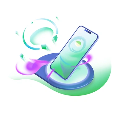 A modern pastel illustration depicting a smartphone placed on a wireless charging pad. The smartphone has a sleek design and is shown with an illuminated screen. Surrounding the phone are bright, flowing visual effects in shades of blue and green, symbolizing energy transfer. These energy waves radiate outwards from the charging pad, creating a dynamic sense of movement and connection. The background is softly blended, enhancing the focus on the phone and the charging pad.