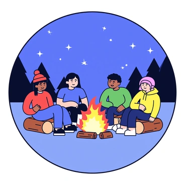 A simple round frame encircles a scene of four friends sitting around a campfire. The friends are seated on log benches, with one friend wearing a red beanie, another in a blue t-shirt, a third in a green jacket, and the last in a yellow hoodie. The campfire in the center emits glowing orange and yellow flames, casting warm light on their faces. The background features silhouettes of trees and a clear night sky filled with stars.