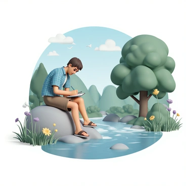 A man, wearing a blue plaid shirt, brown cargo shorts, and sandals, is sitting on a large gray rock by a flowing river. He has short brown hair and is intently focused on sketching in a notepad placed on his lap. Surrounding him are lush green trees with sunlight filtering through their leaves, casting dappled shadows on the ground. Wildflowers in shades of purple and yellow bloom nearby, while the gentle ripples of the river reflect the clear blue sky. A few birds can be seen flying overhead.