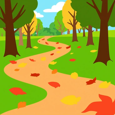 A ground covered in vibrant, fallen autumn leaves in a park. The leaves display a mix of bright red, orange, and yellow colors, creating a rich tapestry across the grass. The park features a backdrop of tall trees, with some still holding green foliage while others have completely shed their leaves. Soft sunlight filters through the branches, casting dappled shadows on the ground. A winding path cuts through the scene, inviting viewers to imagine a peaceful stroll through the autumn landscape.