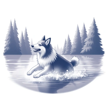 A collie swimming energetically in a clear, blue lake