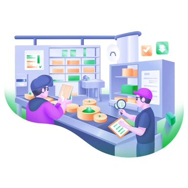 A factory interior filled with various machinery and production lines. Two inspectors are closely examining products on a conveyor belt. One inspector is holding a clipboard with a checklist, while the other is inspecting a product with a magnifying glass. The background features shelves stocked with finished goods and quality control indicators, such as charts and graphs displayed on the walls. The environment is well-lit, showcasing the orderly arrangement of workstations.