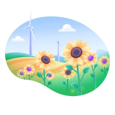 A vibrant field filled with large, yellow sunflowers swaying gently in the breeze. Each sunflower stands tall, showcasing its intricate petals and dark centers. In the background, a wind turbine towers above the landscape, its sleek blades rotating smoothly against a clear blue sky. The field is bathed in warm sunlight, highlighting the bright colors of the flowers. A few fluffy white clouds dot the sky, creating a serene atmosphere above this picturesque scene.