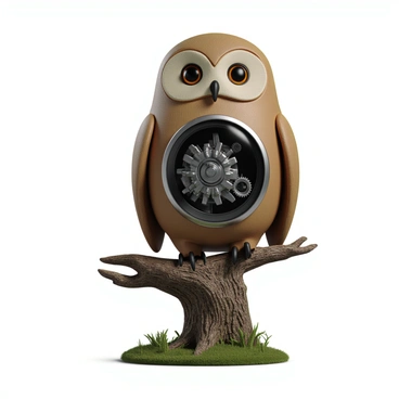 A mechanical owl with a metallic body and intricate gears visible through its feathered exterior. The owl is perched on a sturdy, textured branch with detailed bark. Its eyes are glowing with a soft light, and its wings are slightly open, revealing the complex machinery inside. The background shows a hint of foliage, enhancing the owl's imposing presence.