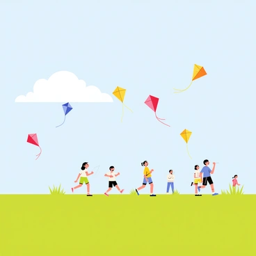 A wide open field filled with bright green grass under a clear blue sky. Groups of children are flying colorful kites with various shapes and patterns, such as a red dragon, a yellow sun, and a blue butterfly. The kites soar high against the gentle breeze, leaving long, trailing ribbons fluttering in the wind. Some children are laughing and running while others are adjusting their kite strings, focusing intently on keeping their kites airborne. In the background, a few fluffy white clouds drift lazily across the sky.